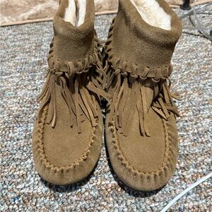 Fringed Suede Ankle Boots - Brown